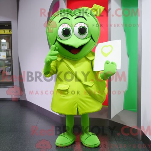 Personnage De Costume De Mascotte Redbrokoly De Lettre D Amour Vert Citron Habillé Avec Un Imperméable Et Des Gants