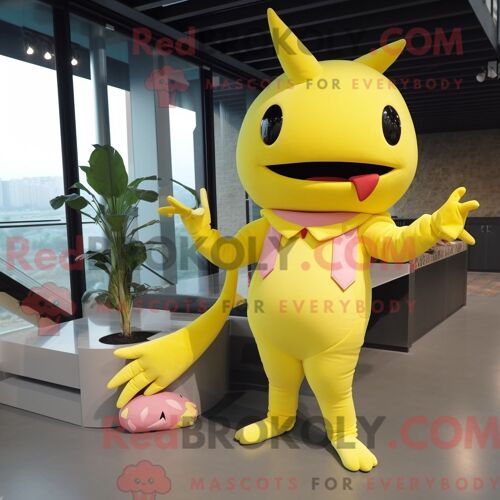 Costume Mascotte Redbrokoly D Axolotls Jaune Personnage Habillé Avec Un Legging Et Des Bretelles