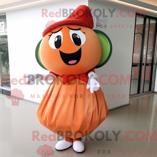 Costume De Mascotte Redbrokoly De Peach Pepper Habillé Avec Une Robe Midi Et Des Pinces À Chaussures