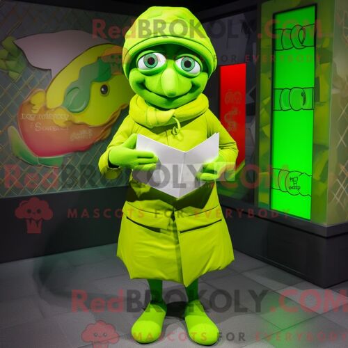 Personnage De Costume De Mascotte Redbrokoly De Lettre D Amour Vert Citron Habillé Avec Un Imperméable Et Des Gants