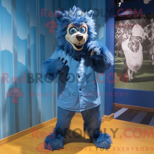 Costume Mascotte Redbrokoly De Loup-Garou Bleu Personnage Habillé Avec Un Imperméable Et Des Lacets De Chaussures