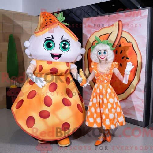 Costume De Mascotte Redbrokoly Peach Pizza Habillé Avec Une Robe Portefeuille Et Des Sacs À Main