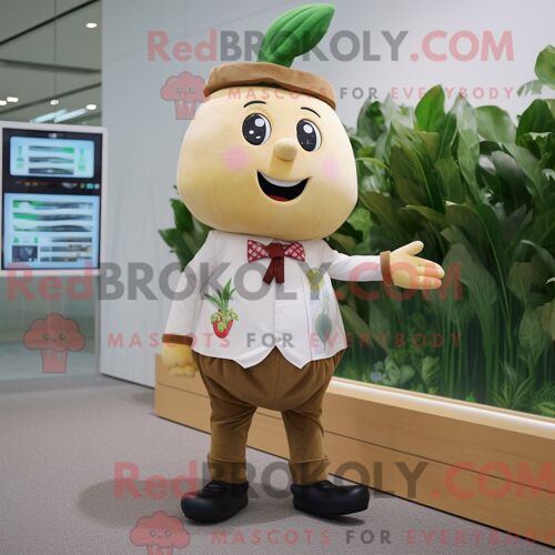 Costume De Mascotte Redbrokoly De Radis Bronzé Habillé D Une Chemise Boutonnée Et De Montres Intelligentes