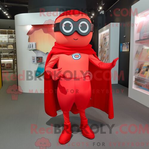 Costume De Mascotte Redbrokoly De Super-Héros Rouge Habillé D Une Jupe Portefeuille Et De Lunettes