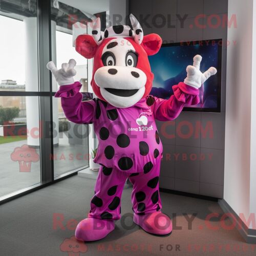 Costume De Mascotte Redbrokoly De Vache Magenta Personnage Habillé Avec Une Barboteuse Et Des Gants