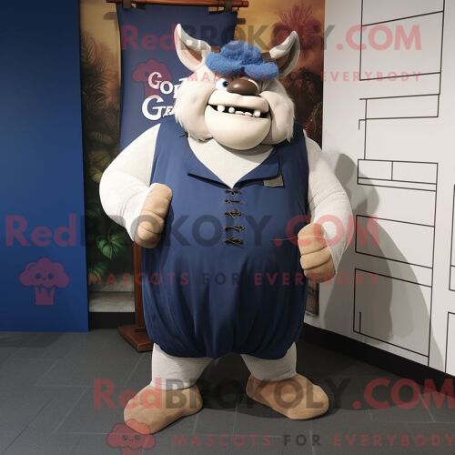 Costume Mascotte Redbrokoly D Ogre Bleu Marine Habillé D Une Jupe-Culotte Et D Épingles À Châle