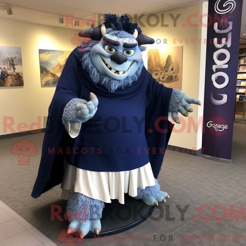 Costume Mascotte Redbrokoly D Ogre Bleu Marine Habillé D Une Jupe-Culotte Et D Épingles À Châle