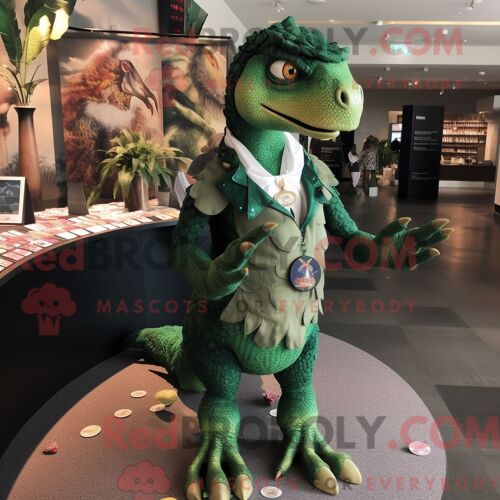 Costume De Mascotte Redbrokoly Utahraptor Vert Forêt Habillé D Une Combishort Et D Un Porte-Monnaie