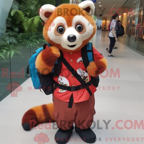 Costume De Mascotte Redbrokoly De Panda Roux Habillé D Un Pantalon Et De Sacs À Dos