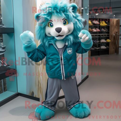 Costume Mascotte Redbrokoly De Lion Bleu Sarcelle Habillé D Un Jegging Et De Pinces À Cheveux
