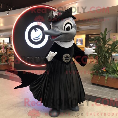Costume De Mascotte Redbrokoly De Dauphin Noir Personnage Habillé Avec Une Jupe Circulaire Et Des Broches