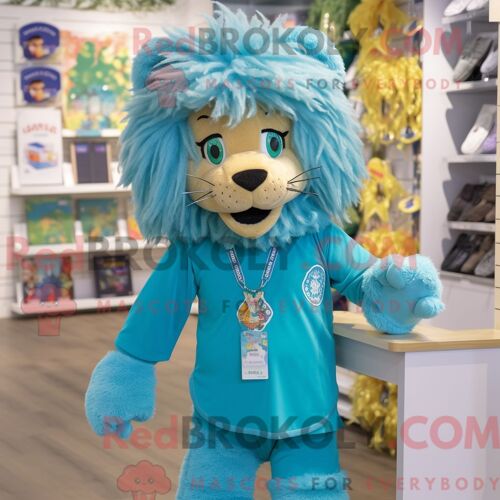 Costume Mascotte Redbrokoly De Lion Bleu Sarcelle Habillé D Un Jegging Et De Pinces À Cheveux