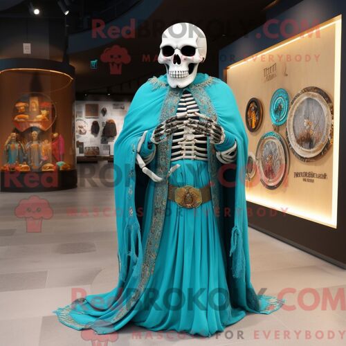 Costume De Mascotte Redbrokoly De Crâne Turquoise Habillé D Une Robe Taille Empire Et D Épingles À Châle