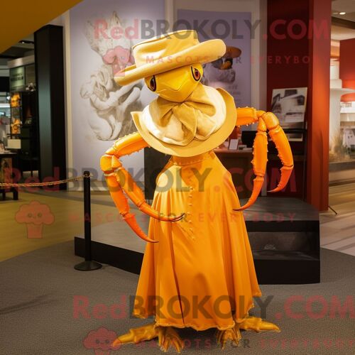 Costume De Mascotte Redbrokoly De Crabe Doré Habillé D Une Robe Longue Et D Épingles À Chapeau