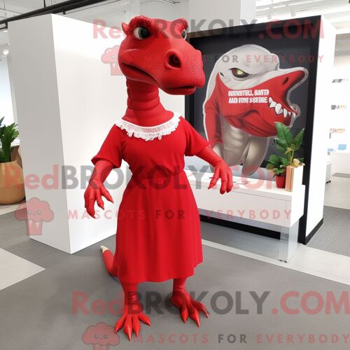 Costume De Mascotte Redbrokoly D Iguanodon Rouge Personnage Habillé D Une Robe Droite Et De Lunettes