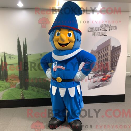 Costume Mascotte Redbrokoly De La Garde Suisse Bleue Personnage Habillé D Une Salopette Et De Clips Pour Écharpe