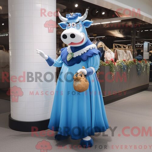 Costume De Mascotte Redbrokoly De Vache En Jersey Bleu Personnage Habillé D Une Robe De Bal Et De Sacs À Main