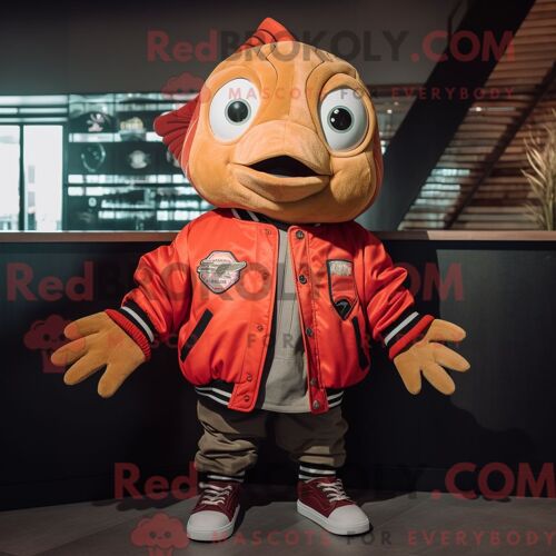 Costume De Mascotte Redbrokoly De Tacos De Poisson Rouge Habillé D Un Blouson Aviateur Et De Porte-Clés