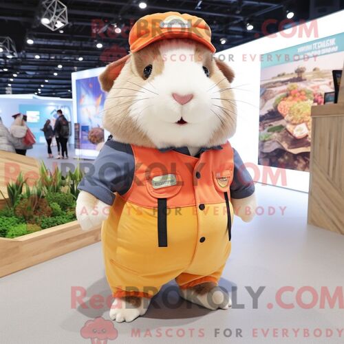 Costume De Mascotte Redbrokoly De Cochon D Inde Pêche Habillé D Une Salopette Et D Épinglettes