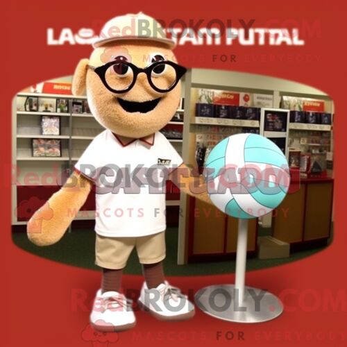 Personnage De Costume De Mascotte Redbrokoly De Ballon De Volley-Ball Beige Habillé D Un T-Shirt Polo Et De Lunettes De Lecture