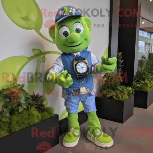 Costume De Mascotte Redbrokoly De Trèfle À Quatre Feuilles Vert Citron Habillé D Une Chemise En Chambray Et De Montres Intelligentes