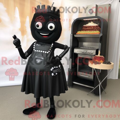 Personnage De Costume De Mascotte Redbrokoly De Côtes Levées Noires Habillé Avec Une Robe Trapèze Et Des Bracelets De Cheville