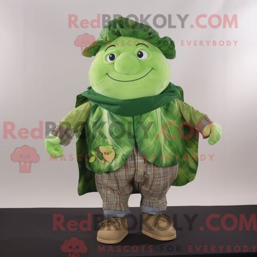 Personnage De Costume De Mascotte Redbrokoly De Feuille De Chou Habillé Avec Une Chemise En Flanelle Et Des Bagues