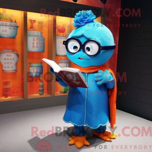 Costume Mascotte Redbrokoly De Mandarin Bleu Personnage Habillé Avec Un Legging Et Des Lunettes De Lecture
