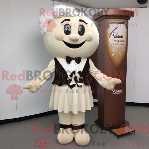 Costume De Mascotte Redbrokoly De Chocolats À La Crème Personnage Habillé D Un Gilet Et De Pinces À Cheveux