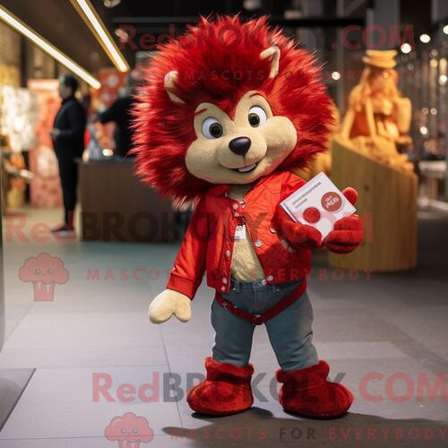 Costume De Mascotte Redbrokoly De Hérisson Rouge Habillé D Un Jean Boyfriend Et D Un Porte-Monnaie