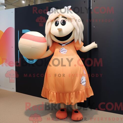 Costume De Mascotte Redbrokoly De Ballon De Rugby Peach Habillé Avec Une Robe Longue Et Des Lacets De Chaussures