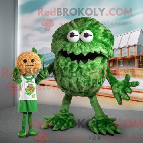 Costume De Mascotte Redbrokoly De Beignets De Crabe Vert Forêt Habillé D Une Combishort Et De Pinces À Cheveux