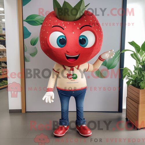Mascotte Redbrokoly De Personnage De Fraise Beige Habillé D Un Jean Skinny Et De Montres Bracelet