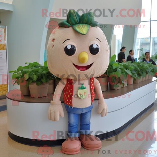 Mascotte Redbrokoly De Personnage De Fraise Beige Habillé D Un Jean Skinny Et De Montres Bracelet