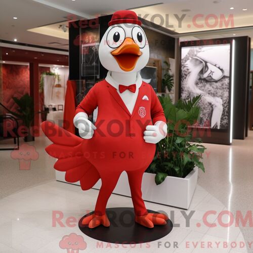Costume De Mascotte Redbrokoly De Cygne Rouge Habillé D Un Pantalon De Costume Et De Bracelets De Cheville