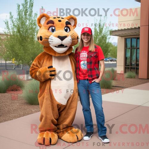 Costume De Mascotte Redbrokoly De Lion De Montagne Rouge Habillé D Un Jean Boyfriend Et De Pinces À Cheveux