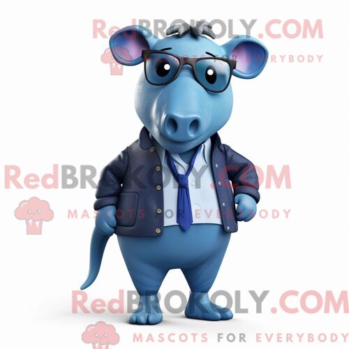 Costume Mascotte Redbrokoly De Tapir Bleu Personnage Habillé Avec Un Pantalon Chino Et Des Lunettes