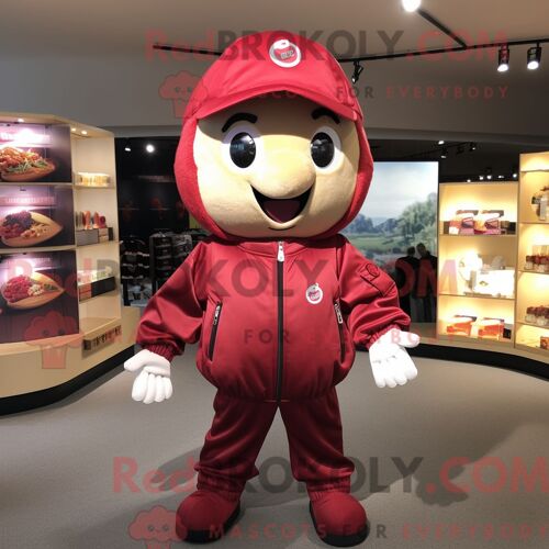 Personnage De Costume De Mascotte Redbrokoly De Prune Rouge Habillé D Un Blouson Aviateur Et D Épingles À Chapeau