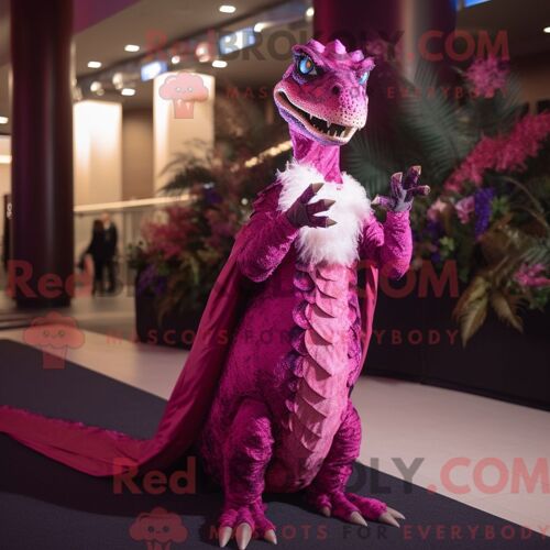 Costume De Mascotte Redbrokoly De Velociraptor Magenta Personnage Habillé D Une Robe De Soirée Et De Châles