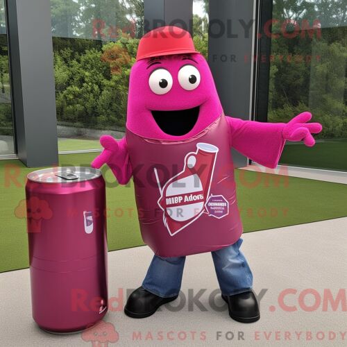 Personnage De Costume De Mascotte Redbrokoly De Canette De Soda Magenta Habillé Avec Un Jean Évasé Et Des Sacs Fourre-Tout