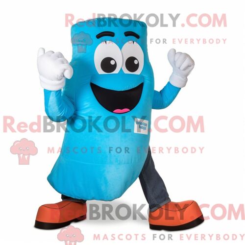 Costume Mascotte Redbrokoly De Gant De Boxe Turquoise Habillé D Un Jean Maman Et De Pinces À Chaussures