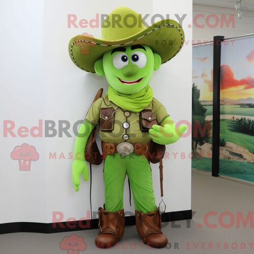 Personnage De Costume De Mascotte Redbrokoly De Cowboy Vert Citron Habillé D Un Pantalon Cargo Et D Anneaux