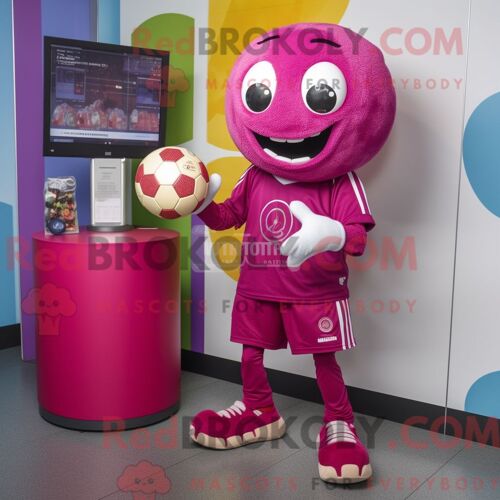Personnage Mascotte Redbrokoly De Ballon De Handball Magenta Habillé Avec Un Pantalon Capri Et Un Porte-Monnaie