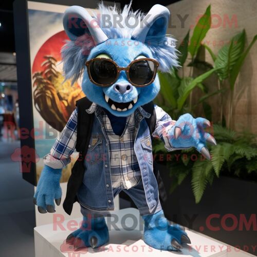 Costume Mascotte Redbrokoly De Chupacabra Bleu Personnage Habillé D Une Chemise En Flanelle Et De Lunettes De Soleil
