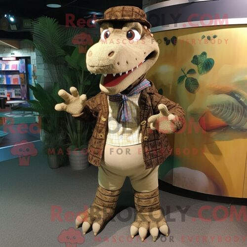 Costume Mascotte Redbrokoly De Crocodile Marron Habillé D Un Cardigan Et De Pinces À Chaussures