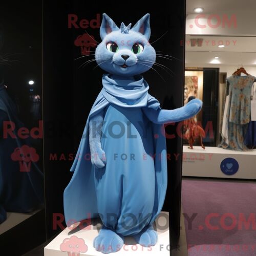 Costume De Mascotte Redbrokoly De Chat Bleu Habillé D Une Robe De Soirée Et D Épingles À Châle