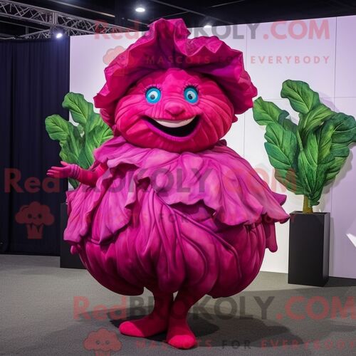 Costume De Mascotte Redbrokoly De Feuille De Chou Magenta Personnage Habillé Avec Une Robe De Cocktail Et Des Bagues