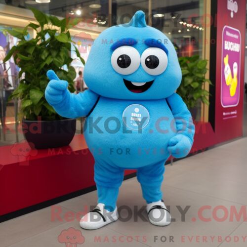 Costume Mascotte Redbrokoly De Framboise Bleu Ciel Habillé D Un Short Et De Montres Connectées