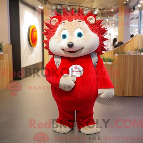 Costume De Mascotte Redbrokoly De Hérisson Rouge Habillé D Un Jean Boyfriend Et D Un Porte-Monnaie