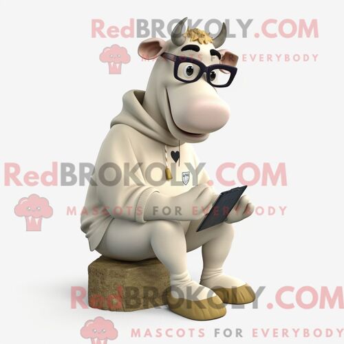 Costume Mascotte Redbrokoly De Vache Holstein Crème Personnage Habillé D Un Sweat-Shirt Et De Lunettes De Lecture